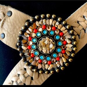 Leatherock braided leather belt with lots of multi colored semi-precious stones.